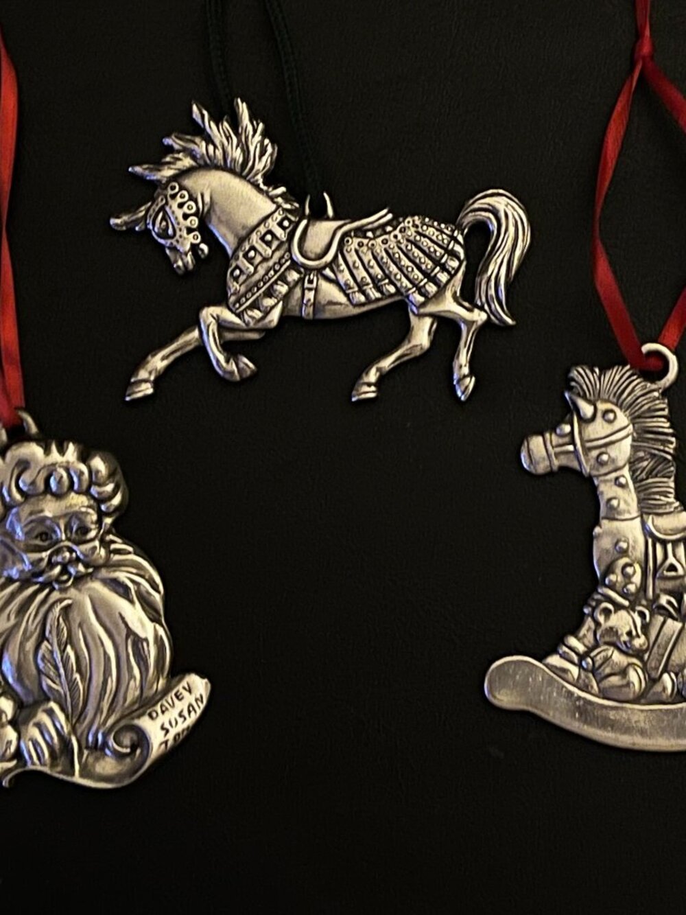 GORHAM Silver Plate Santa List; Reed & Barton Horse Christmas Ornaments Lot of 3